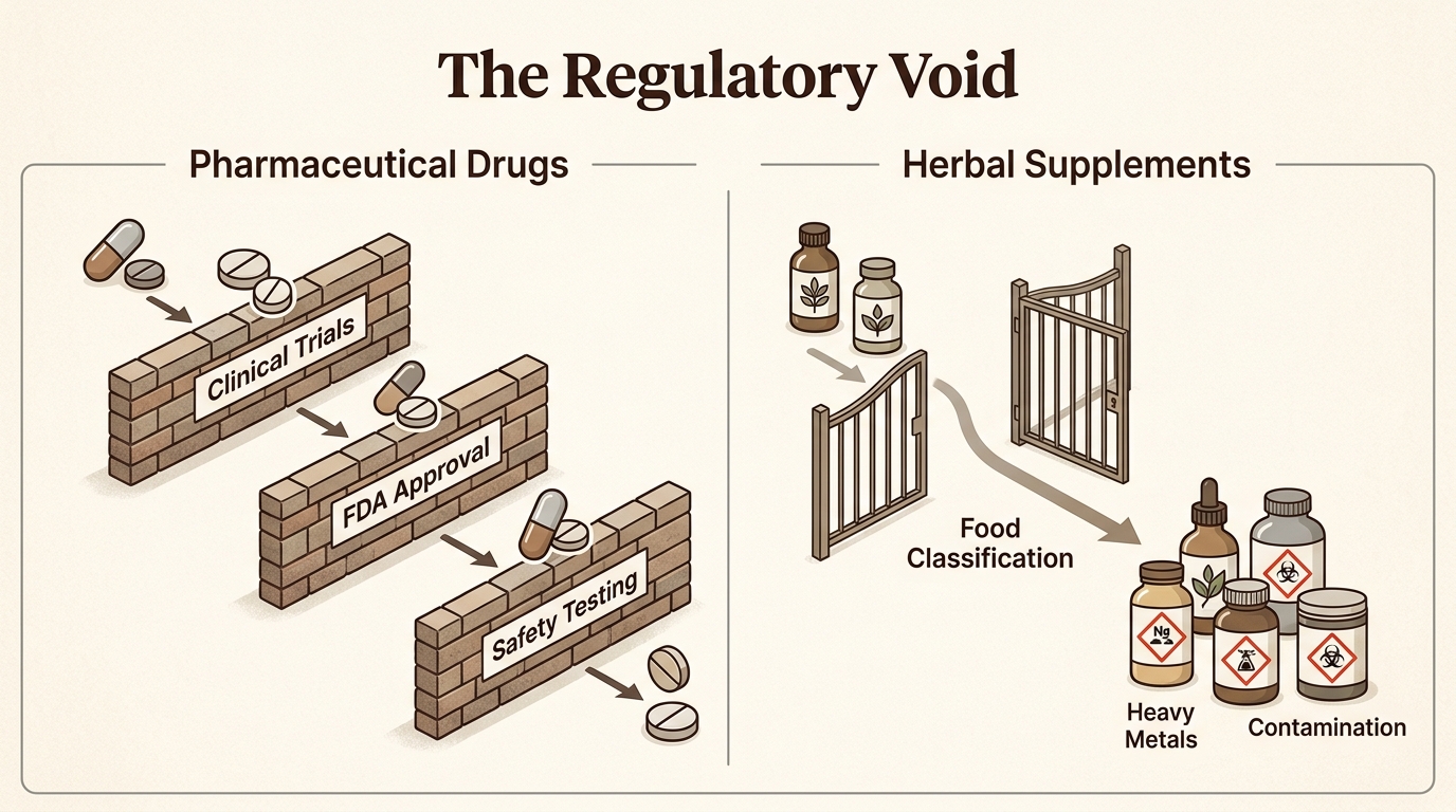 The stark contrast in regulation between pharmaceutical drugs and herbal supplements creates a dangerous void, leaving consumers vulnerable to contaminated or ineffective products.