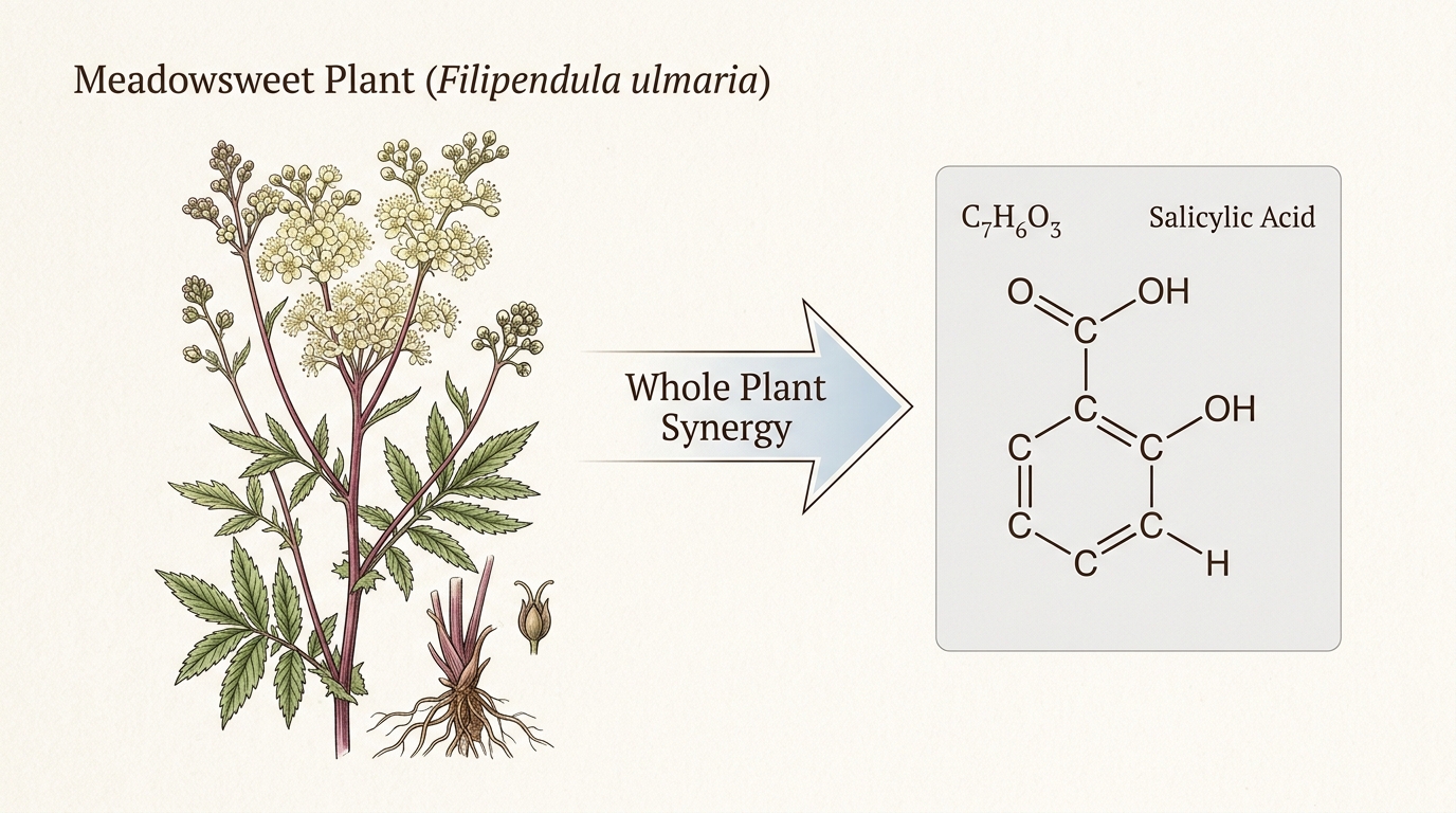 Meadowsweet's whole plant synergy illustrates how natural compounds in herbs can provide safer, more balanced therapeutic effects than isolated chemical drugs.