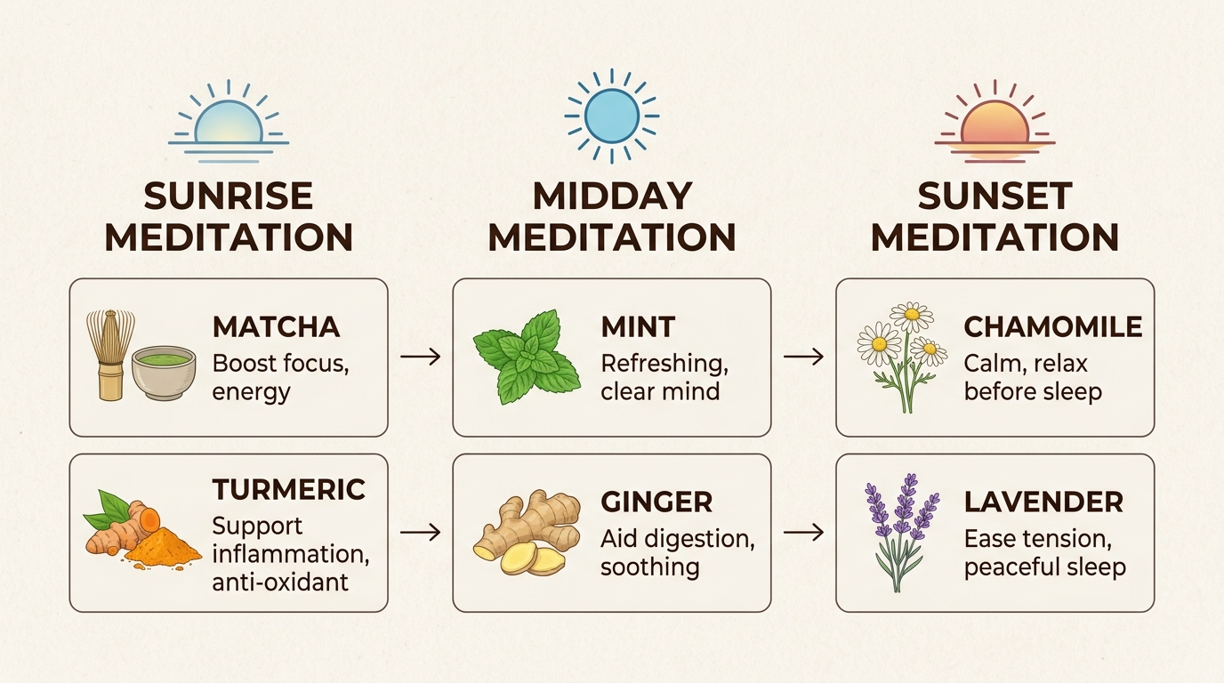 Different times of day to meditate with herbs: sunrise (Matcha), midday (Mint), and sunset (Chamomile).