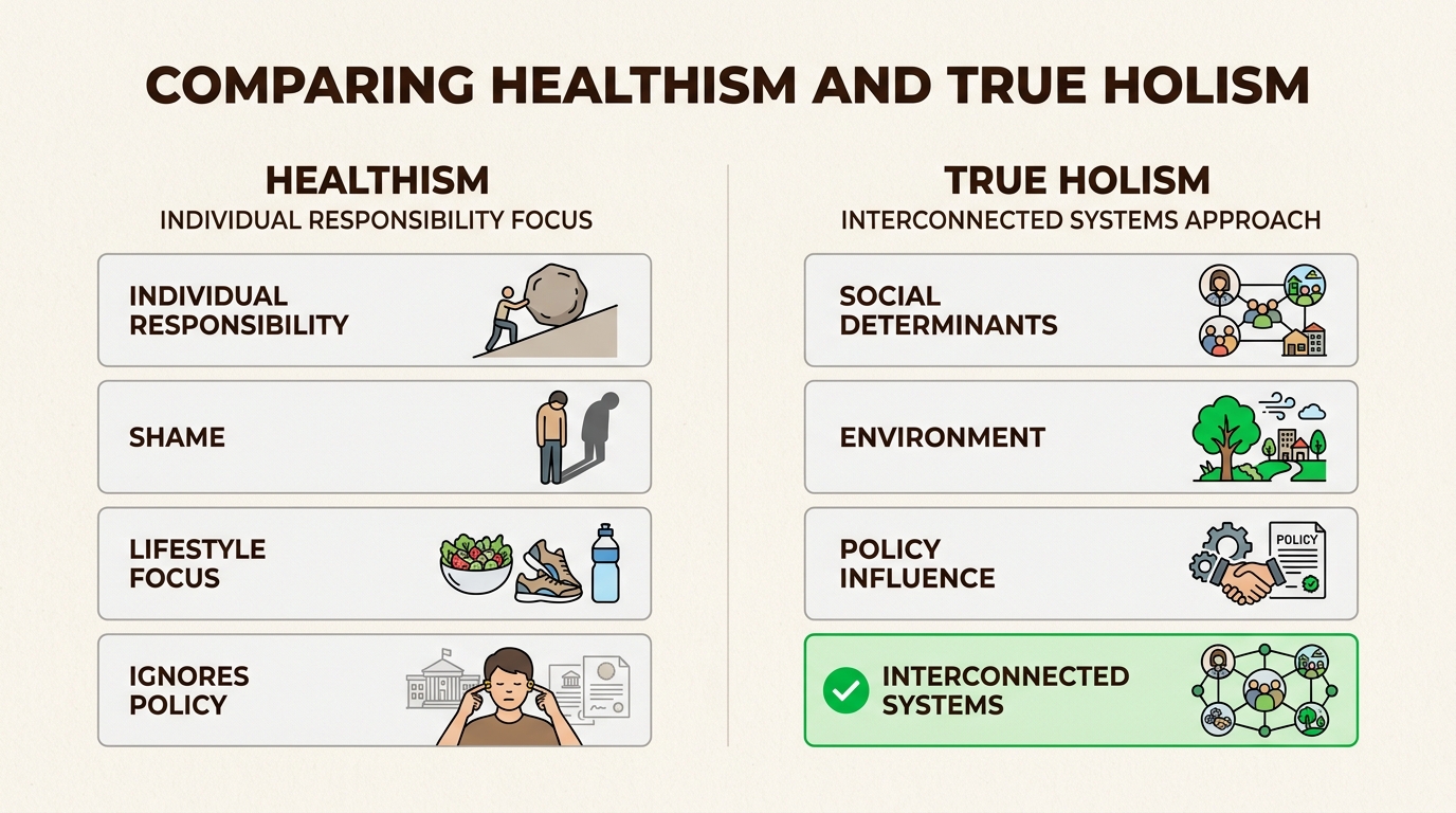 Understand how healthism individualizes health, while true holism recognizes broader systemic and environmental factors.