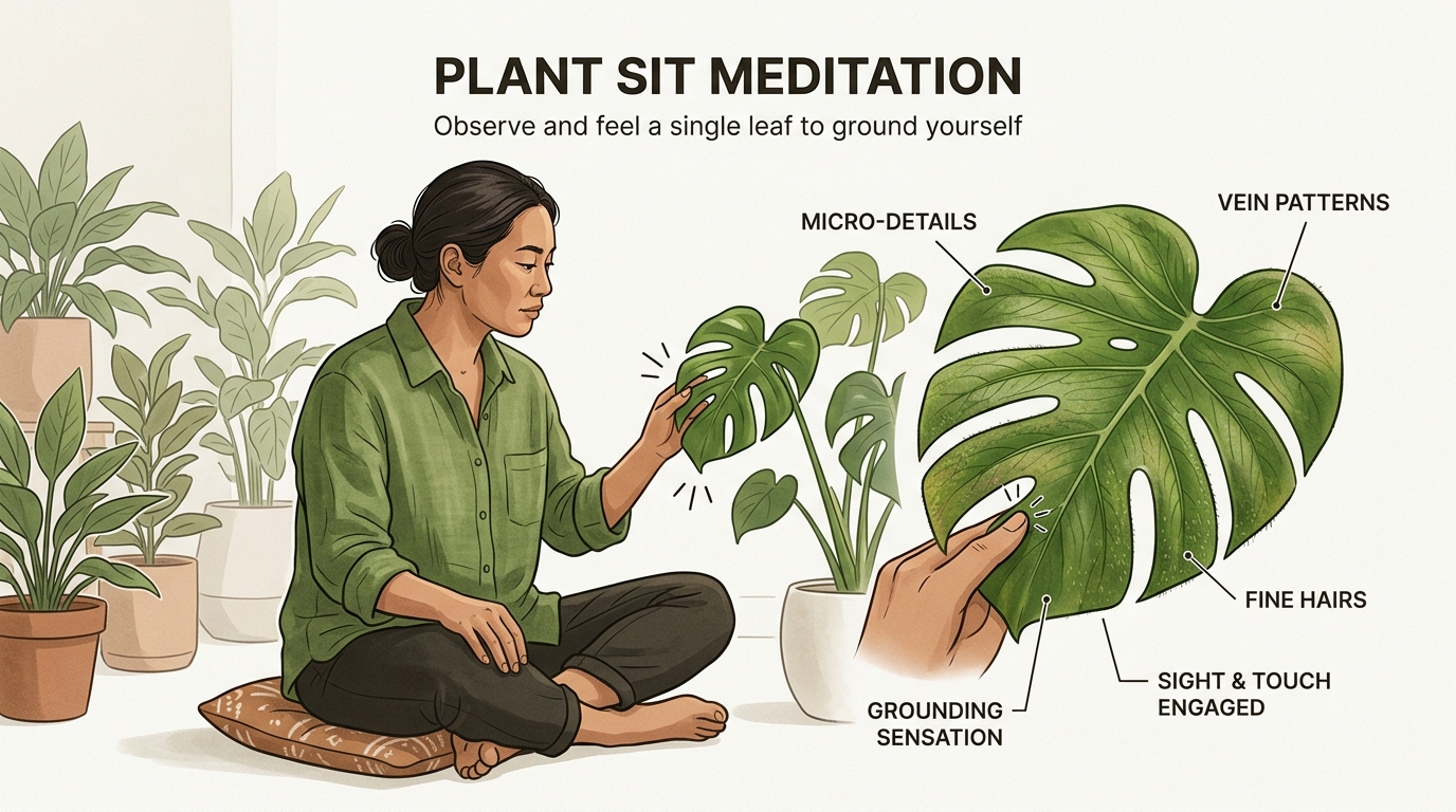 The "Plant Sit" technique uses close observation and touch of a plant's micro-details to anchor awareness, pulling the mind into the present moment.