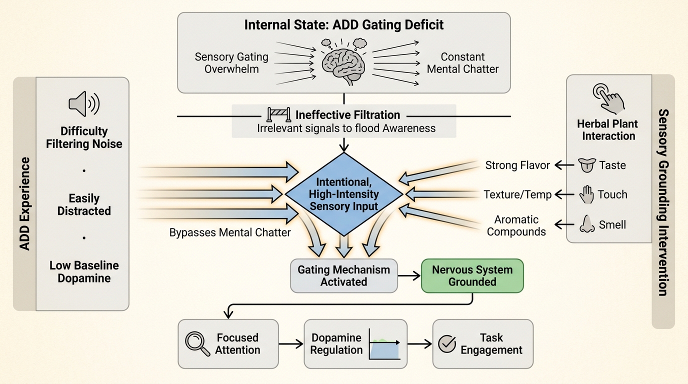 This flowchart explains how specific sensory inputs from plants can effectively anchor the neurodivergent brain, reducing internal chatter and enhancing focus.