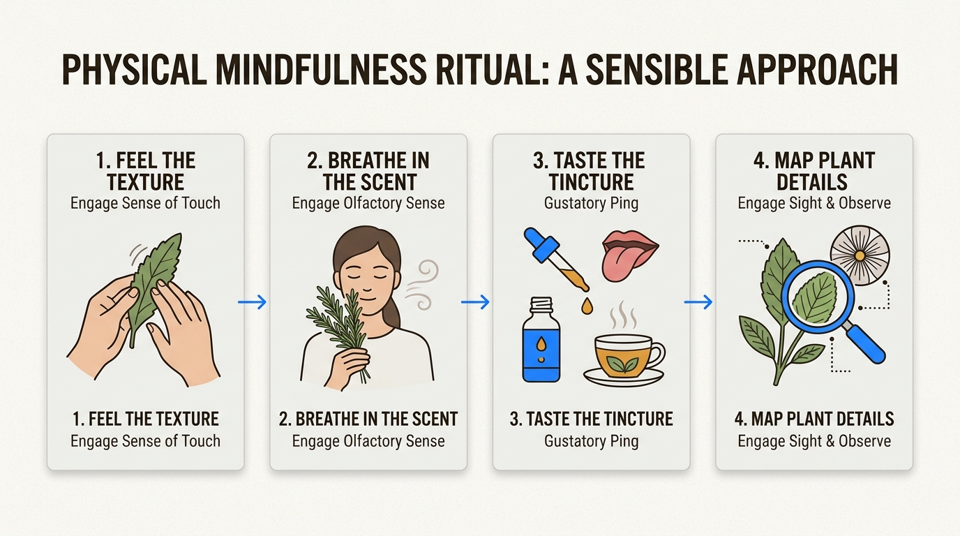 This visual guide illustrates the four core sensory engagements of the physical mindfulness ritual, helping to transition from mental chaos to focused presence.
