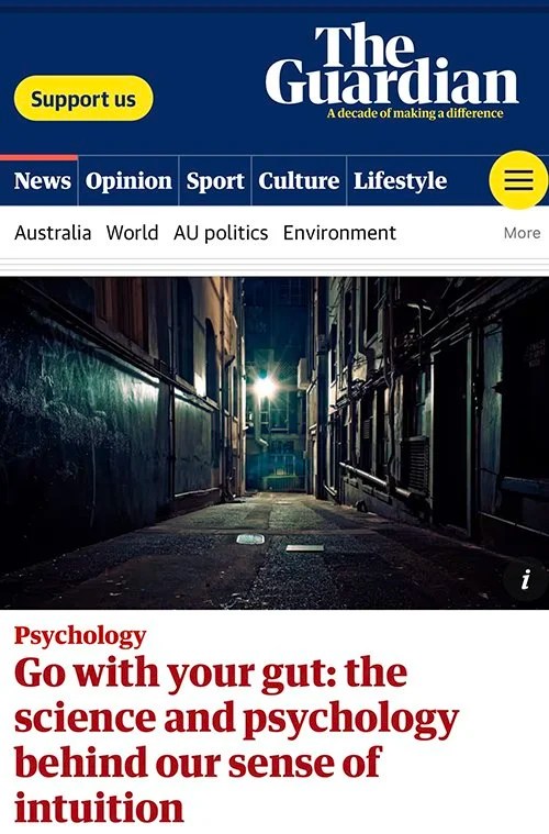 The Guardian website displaying an article titled 'Go with your gut: the science and psychology behind our sense of intuition'.